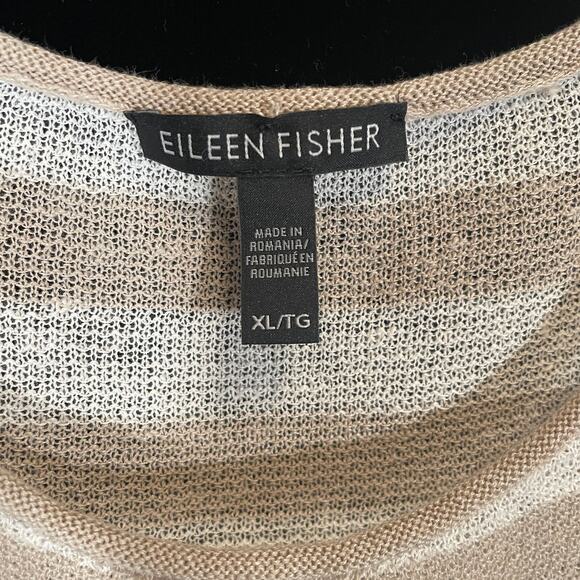 Eileen Fisher Organic Linen and Cotton Sweater Tan White Stripe XL - Picture 4 of 6